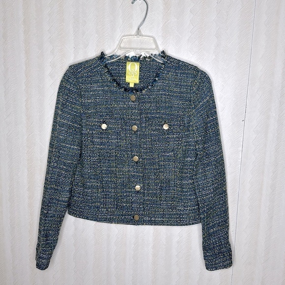 🆕 QMack Tweed Jacket Blazer with Fringe Trim in Blue Multi, Size small - Picture 2 of 9